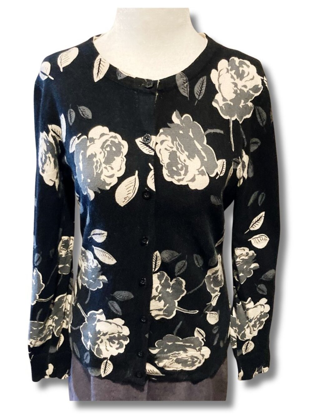 VAN HEUSEN STUDIO Black dark floral thin knit long-sleeve cardigan SMALL MEDIUM